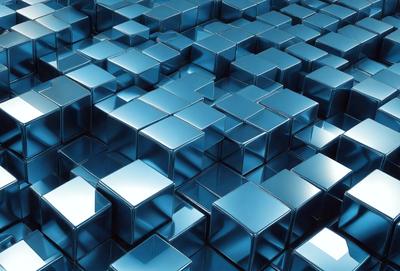 The primary subject of the image is a large, intricate pattern made up of many small, shiny, blue squares. The setting is a blue background, which complements the vibrant colors of the pattern. The visual style is a combination of photo and digital art, creating a unique and eye-catching design. The colors and mood of the image are predominantly blue, giving it a calm and soothing atmosphere.