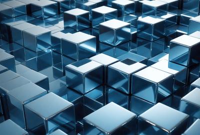 The primary subject of the image is a large blue square, which is part of a larger blue pattern. The setting is a blue background, and the visual style is a digital art or illustration. The dominant colors are blue, and the overall atmosphere is calm and visually appealing.