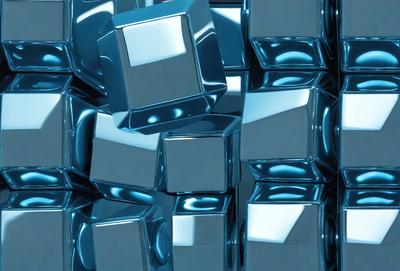 The primary subject of the image is a collection of blue and clear glass squares. These glass squares are arranged in a visually appealing manner, creating a sense of depth and dimension. The setting is a blue background, which complements the vibrant colors of the glass squares. The visual style of the image is a combination of photo and digital art, as the glass squares appear to be both real and digitally manipulated. The overall atmosphere of the image is one of elegance and sophistication, with the blue and clear glass