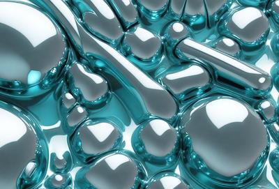 The primary subject of the image is a close-up of a blue, shiny, and bubbly surface, which appears to be a piece of art or a digital creation. The setting is a blue background, and the visual style is a combination of photo and digital art. The colors and mood of the image are predominantly blue, creating a serene and calming atmosphere.