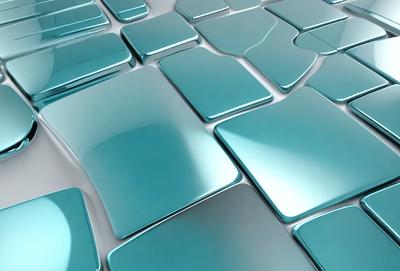 The primary subject of the image is a blue tile with a reflective surface. The setting is a white background, and the visual style is a photo. The dominant colors are blue and white, creating a calm and serene atmosphere.