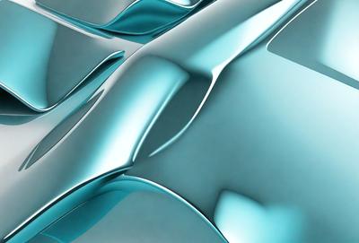 The primary subject of the image is a blue, curved, and flowing object that resembles a car. The setting is a gray background, and the visual style appears to be a digital art or illustration. The dominant colors are blue and silver, creating a calm and serene atmosphere.