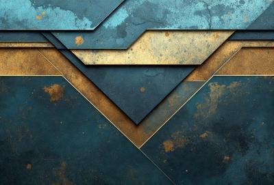 The primary subject of the image is a blue and gold geometric pattern. The setting is a blue background, and the visual style appears to be a combination of digital art and illustration. The dominant colors are blue and gold, creating a sense of depth and sophistication.