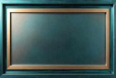 The primary subject of the image is a large, empty blue screen. The setting is a dark room, and the visual style appears to be a photo. The colors and mood of the image are predominantly dark and moody, with the blue screen being the main focal point.