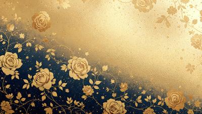 The primary subject of the image is a beautifully designed wallpaper featuring a pattern of gold flowers on a blue background. The setting is a room with a blue wall, and the visual style is a combination of digital art and illustration. The colors and mood of the image are predominantly gold and blue, creating a warm and inviting atmosphere.