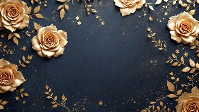 The primary subject of the image is a beautifully designed wallpaper featuring a pattern of gold stars and roses. The setting is a blue background, which complements the gold stars and roses. The visual style is a combination of digital art and illustration, creating a unique and elegant design. The colors and mood of the image are warm and inviting, with the gold stars and roses adding a touch of luxury and sophistication.