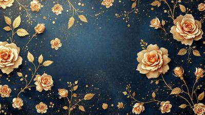 The primary subject of the image is a beautifully designed wallpaper featuring a pattern of roses and leaves. The setting is a blue background, which complements the vibrant colors of the roses and leaves. The visual style is a combination of digital art and illustration, creating a unique and eye-catching design. The dominant colors are gold, pink, and blue, giving the wallpaper a warm and inviting atmosphere.