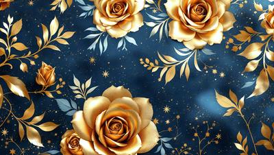 The primary subject of the image is a close-up of a rose, which is the main object in the scene. The rose is surrounded by a blue background, giving it a vibrant and lively appearance. The visual style of the image is a combination of photo and digital art, creating a realistic yet artistic representation of the rose. The dominant colors in the image are gold and blue, which contribute to the overall mood of the scene.