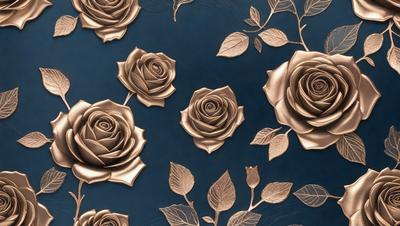 The primary subject of the image is a collection of metal roses, which are the main objects in the scene. The setting is a blue background, which provides a contrasting color to the roses. The visual style is a combination of photo and digital art, as the roses are made of metal and have a shiny appearance. The colors and mood of the image are predominantly silver and blue, giving it a sophisticated and elegant feel.