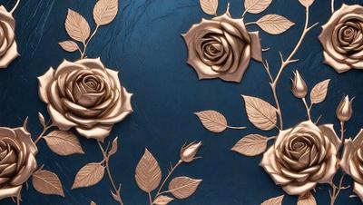 The primary subject of the image is a decorative piece featuring three roses made of metal. The setting is a blue background, which adds a contrasting color to the artwork. The visual style is a combination of digital art and illustration, as the roses are intricately designed and crafted. The colors and mood of the image are predominantly gold and silver, giving it a sophisticated and elegant appearance.