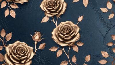 The primary subject of the image is a collection of gold roses, which are the main objects in the scene. The setting is a blue background, which provides a contrasting color to the gold roses. The visual style of the image is a combination of photo and digital art, creating a realistic yet artistic representation of the gold roses. The colors and mood of the image are predominantly gold and warm, giving the impression of a luxurious and elegant scene.