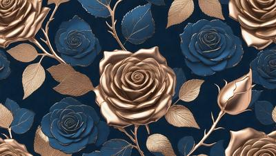 The primary subject of the image is a gold rose, which is the main focus of the scene. The rose is set against a blue background, creating a striking contrast. The visual style of the image is a combination of digital art and illustration, giving it a unique and artistic appearance. The dominant colors in the image are gold and blue, which evoke a sense of elegance and sophistication.