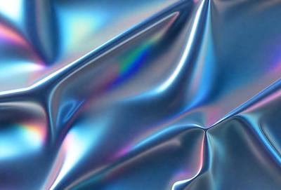 The primary subject of the image is a close-up of a blue, shiny, and reflective surface. The setting appears to be a room with a blue background. The visual style of the image is a combination of a photo and digital art, creating a unique and eye-catching pattern. The dominant colors in the image are blue and silver, giving it a sleek and modern appearance.