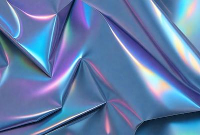 The primary subject of the image is a close-up of a shiny, metallic surface with a blue and purple hue. The setting appears to be a room with a blue wall, and the visual style is a combination of a photo and digital art. The colors and mood of the image are vibrant and lively, with the blue and purple tones creating a sense of depth and dimension.