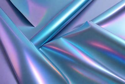 The primary subject of the image is a piece of shiny, metallic-looking fabric, which appears to be a metallic-colored plastic sheet. The setting is a dark background, which contrasts with the bright colors of the fabric. The visual style is a close-up of the fabric, showcasing its unique texture and appearance. The colors and mood of the image are vibrant and lively, with the metallic fabric standing out against the dark background.