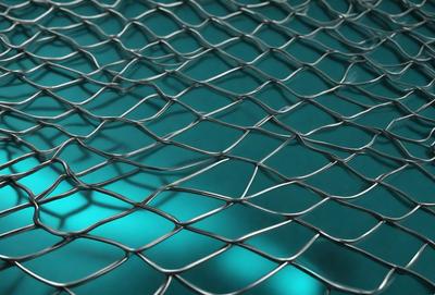 The primary subject of the image is a close-up of a metal mesh, which appears to be a patterned surface. The setting is a blue background, which complements the metal mesh. The visual style is a close-up of the metal mesh, showcasing its intricate pattern. The colors and mood of the image are predominantly blue, creating a calm and serene atmosphere.