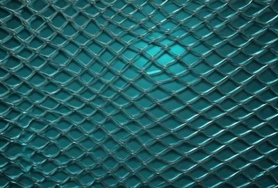 The primary subject of the image is a blue and white patterned surface, which appears to be a mesh or a woven material. The setting is a dark room, and the visual style is a close-up of the patterned surface. The colors and mood of the image are predominantly blue and white, creating a calm and serene atmosphere.