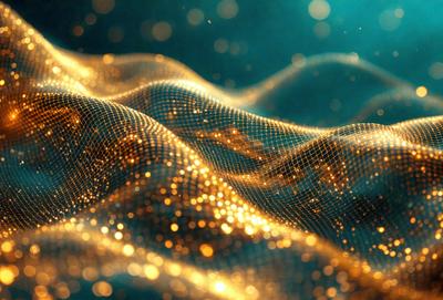 The primary subject of the image is a pattern of golden, shimmering lines. The setting is a blue background, which contrasts with the golden lines. The visual style is a combination of digital art and illustration, creating a unique and eye-catching design. The colors and mood of the image are predominantly golden and vibrant, evoking a sense of warmth and energy.