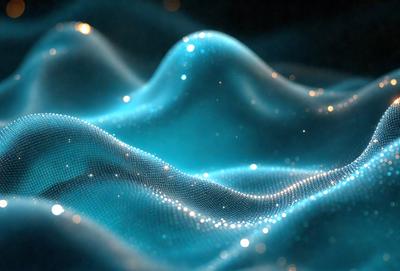 The primary subject of the image is a blue, shimmering, and textured surface. The setting is a dark background, which contrasts with the blue surface. The visual style is a combination of a photo and digital art, creating a unique and captivating image. The colors and mood are predominantly blue, with a hint of white, giving the scene a calm and serene atmosphere.