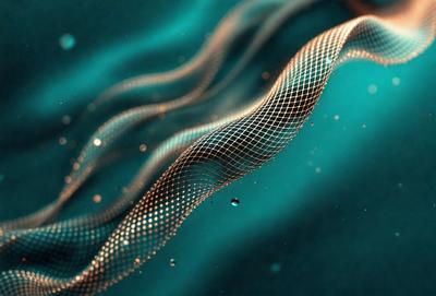 The primary subject of the image is a close-up of a mesh-like pattern, possibly a fishing net or a piece of artwork. The setting is a blue background, which adds to the overall atmosphere of the image. The visual style appears to be a combination of a photo and a digital artwork, creating a unique and intriguing visual experience. The colors in the image are predominantly blue, which contributes to the calming and serene mood of the scene.