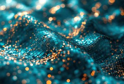 The primary subject of the image is a blue, shimmering, and sparkling surface, which appears to be a digital art or illustration. The setting is a dark blue background, and the visual style is a combination of digital art and a pattern. The colors and mood of the image are predominantly dark blue and sparkling, creating a visually striking and captivating scene.