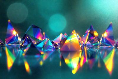 The primary subject of the image is a group of colorful, geometric shapes, possibly made of glass or plastic, arranged on a table. The setting is a dark room with a blue background, which adds a dramatic and moody atmosphere to the scene. The visual style appears to be a combination of photo and digital art, as the shapes are well-defined and the colors are vibrant. The overall mood of the image is one of intrigue and artistic expression.
