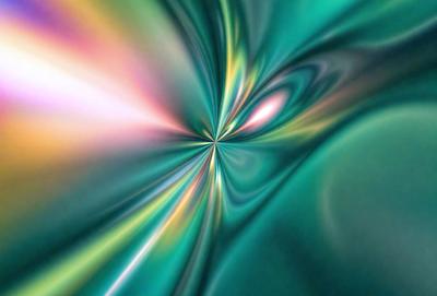 The primary subject of the image is a colorful, swirling, and spiraling pattern that resembles a tunnel or a vortex. The setting is a green background, which adds to the vibrant and lively atmosphere of the scene. The visual style of the image is a combination of photo and digital art, creating a unique and captivating visual experience. The dominant colors in the image are green, blue, and yellow, which contribute to the overall mood of the scene, evoking a sense of movement, energy
