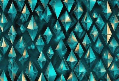 The primary subject of the image is a pattern of blue and gold triangles. The setting is a blue background, and the visual style appears to be a digital art or illustration. The dominant colors are blue and gold, creating a vibrant and lively atmosphere.