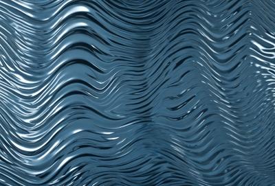 The primary subject of the image is a blue, wavy surface that resembles a water surface or a blue wall. The setting is a blue background, and the visual style appears to be a digital art or illustration. The dominant colors are blue and silver, creating a calm and serene atmosphere.