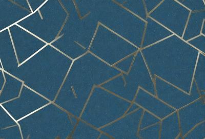 The primary subject of the image is a blue surface with a pattern of gold lines. The setting appears to be a room with a blue wall, and the visual style is a combination of digital art and illustration. The dominant colors are blue and gold, creating a calm and soothing atmosphere.