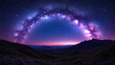 The primary subject of the image is a beautiful night sky filled with stars. The setting is a mountainous area, with a mountain range visible in the background. The visual style is a photo, capturing the stunning view of the night sky. The colors and mood of the image are serene and peaceful, as the stars twinkle against the dark sky.