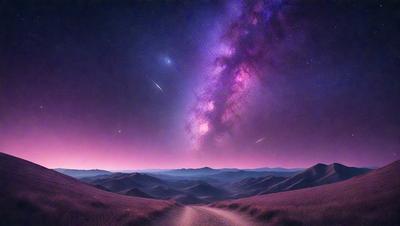 The primary subject of the image is a night sky filled with stars, creating a beautiful and serene atmosphere. The setting is a vast, open field with mountains in the background, providing a sense of depth and scale. The visual style is a combination of photo and digital art, resulting in a stunning and realistic representation of the night sky. The colors and mood are predominantly dark and moody, with the stars and the night sky serving as the main focus of the image.