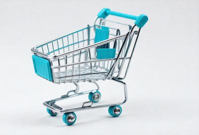 The primary subject of the image is a blue shopping cart. The cart is placed on a white surface, which serves as the background. The visual style of the image is a photo, capturing the cart in detail. The dominant colors in the image are blue and white, creating a clean and modern atmosphere.