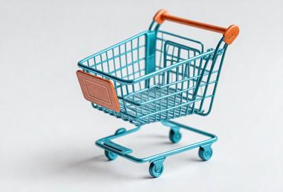 The primary subject of the image is a blue shopping cart with orange wheels. The cart is placed on a white surface, which serves as the background. The visual style of the image is a photo, capturing the details of the cart and its wheels. The dominant colors in the image are blue and orange, creating a vibrant and lively atmosphere.