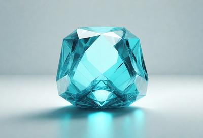 The primary subject of the image is a blue crystal cube. The setting is a white table, and the visual style is a photo. The dominant colors are blue and white, creating a calm and serene atmosphere.