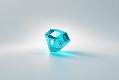 The primary subject of the image is a large, blue crystal. The setting is a white background, which provides a clean and minimalist appearance. The visual style is a close-up of the crystal, emphasizing its unique shape and color. The dominant colors are blue and white, creating a sense of calmness and elegance.