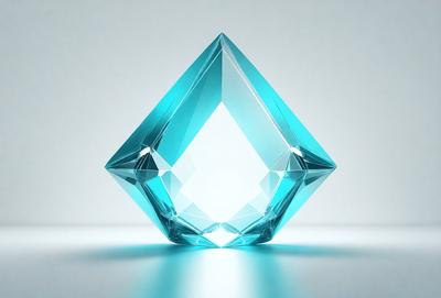 The primary subject of the image is a large, blue, crystal-like structure. The setting is a white background, which provides a clean and minimalist appearance. The visual style is a combination of digital art and illustration, creating a unique and eye-catching design. The dominant colors are blue and white, giving the image a calm and serene atmosphere.