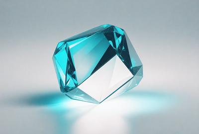 The primary subject of the image is a large, blue, crystal-like object. The setting is a white background, which provides a clean and minimalist appearance. The visual style is a combination of photo and digital art, creating a realistic yet artistic representation of the object. The colors and mood of the image are predominantly blue, giving it a calm and serene atmosphere.
