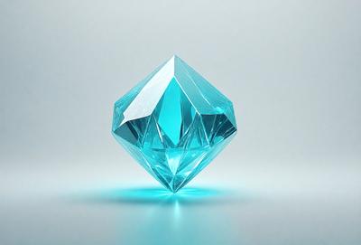 The primary subject of the image is a large, blue, crystal-like structure. The setting is a white background, which provides a clean and minimalist appearance. The visual style is a combination of digital art and illustration, creating a unique and eye-catching design. The colors and mood of the image are predominantly blue, giving it a calm and serene atmosphere.