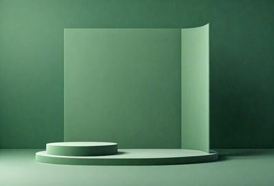 The primary subject of the image is a white, round, flat object placed on a green surface. The setting appears to be a room with a green wall, and the visual style is a photo. The colors and mood of the image are predominantly green, with a calm and serene atmosphere.