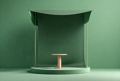 The primary subject of the image is a small table with a green tablecloth. The table is placed on a green surface, which could be a table or a floor. The setting appears to be a room with a green backdrop, possibly a stage or a room with a green theme. The visual style of the image is a photo, capturing the details of the table and the green surface. The colors and mood of the image are predominantly green, creating a calm and serene atmosphere.