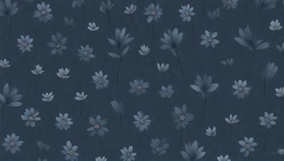 The primary subject of the image is a pattern of blue flowers on a blue background. The setting is a dark blue background, which creates a moody atmosphere. The visual style is a combination of digital art and illustration, as the flowers are depicted in a detailed and intricate manner. The colors and mood of the image are predominantly dark blue, creating a sense of depth and sophistication.