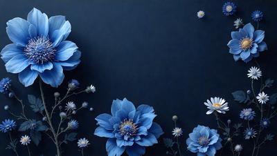 The primary subject of the image is a beautiful arrangement of blue flowers. The setting is a dark blue background, which creates a striking contrast with the vibrant blue flowers. The visual style of the image is a combination of digital art and illustration, giving it a unique and artistic appearance. The dominant colors in the image are blue and white, creating a serene and calming atmosphere.