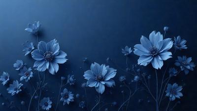 The primary subject of the image is a beautiful arrangement of blue flowers. The setting is a dark blue background, which creates a striking contrast with the flowers. The visual style is a combination of photo and digital art, resulting in a realistic yet artistic representation of the flowers. The colors and mood of the image are predominantly blue, creating a serene and calming atmosphere.