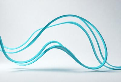 The primary subject of the image is a blue, curved, and wavy sculpture. The sculpture is placed on a white surface, which serves as the setting or background. The visual style of the image is a combination of digital art and illustration, as it appears to be a digital representation of a curved, wavy form. The colors and mood of the image are predominantly blue, creating a sense of calmness and tranquility.