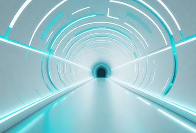 The primary subject of the image is a long, narrow, and brightly lit tunnel. The setting is a white tunnel with blue lighting, creating a futuristic and modern atmosphere. The visual style is a combination of a photo and digital art, as the tunnel appears to be a part of a larger, more complex structure. The colors and mood of the image are predominantly blue and white, giving it a clean and sleek appearance.