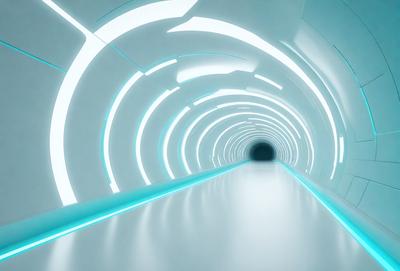 The primary subject of the image is a long, narrow, and brightly lit tunnel. The setting is a futuristic environment, with the tunnel being illuminated by a blue light. The visual style is a combination of a photo and digital art, creating a unique and captivating scene. The colors and mood of the image are predominantly blue, giving it a futuristic and sleek appearance.