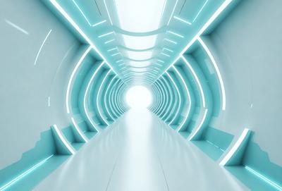 The primary subject of the image is a long, narrow, white tunnel with a blue light illuminating it. The tunnel appears to be a part of a futuristic city, and the blue light creates a sense of depth and intrigue. The setting is a futuristic environment, and the visual style is a combination of photo and digital art. The colors and mood of the image are predominantly blue and futuristic, giving the scene a sense of mystery and wonder.