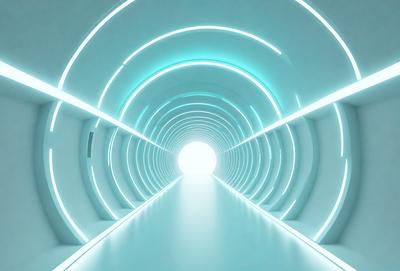 The primary subject of the image is a long, narrow tunnel with a bright light at the end. The tunnel appears to be made of metal, and the light at the end creates a sense of hope and guidance. The setting is a futuristic environment, possibly a space station or a high-tech facility. The visual style is a combination of digital art and illustration, creating a sense of depth and dimension. The colors and mood are predominantly blue, giving the scene a calm and serene atmosphere.