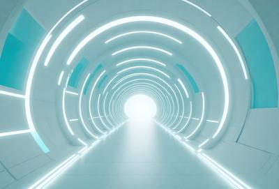 The primary subject of the image is a tunnel with a blue light illuminating it. The tunnel appears to be a futuristic, high-tech environment. The setting is a white, curved tunnel with a blue light source, creating a unique atmosphere. The visual style of the image is a combination of futuristic design and a blue light source, giving it a modern and technological appearance. The colors and mood of the image are predominantly blue, with a hint of white, creating a sense of depth and soph